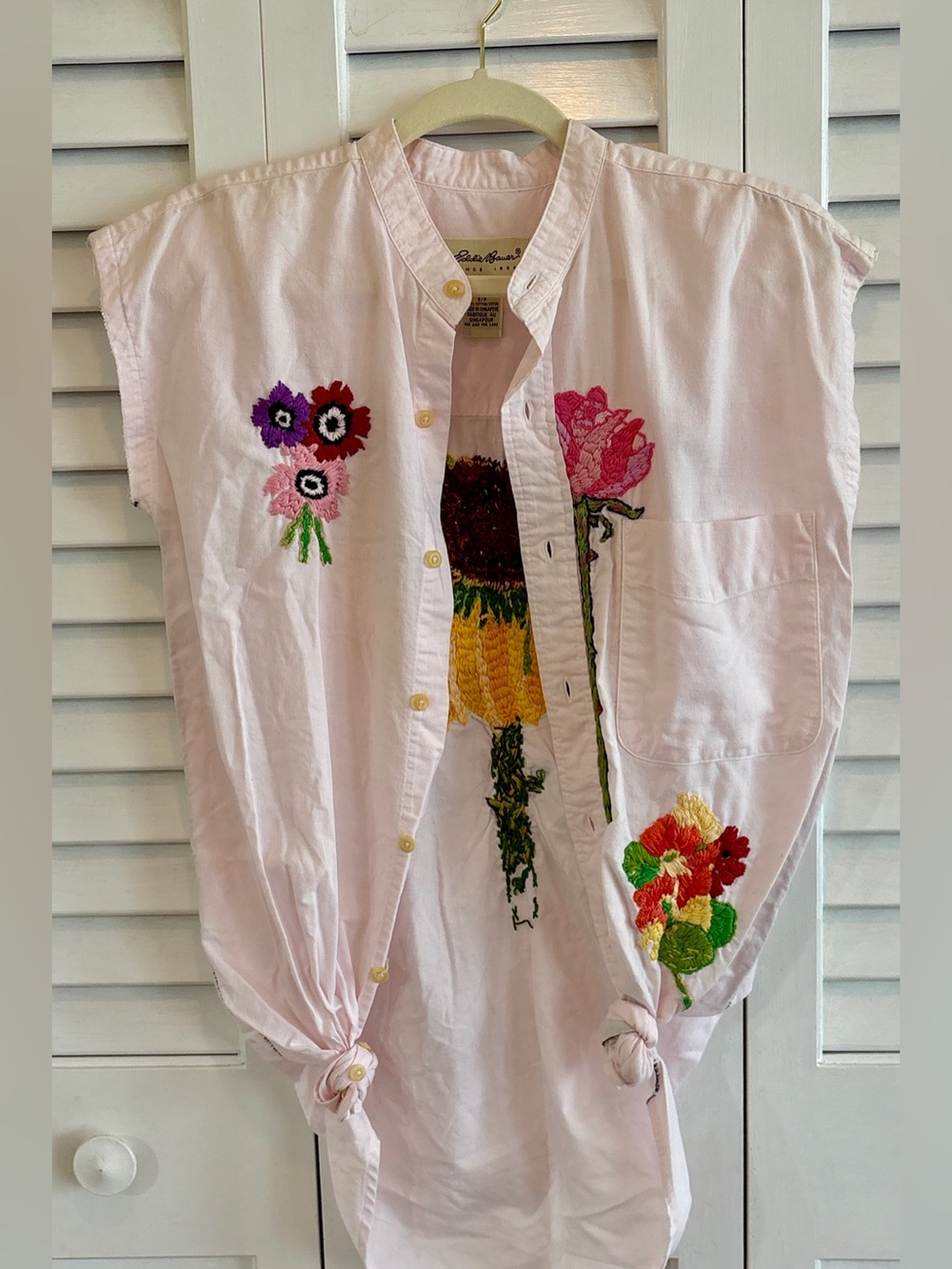 Vintage UpCycled Top Hand Embroidered Eddie Bauer Mens Pink ButtonDown Floral